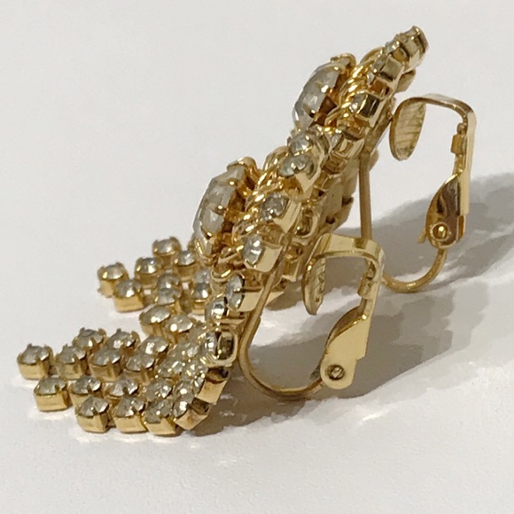 Vintage Best in Show Blue Ribbon Clear Rhinestone Chandelier Clip On Earrings - Picture 8 of 15